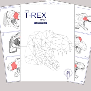 K&ouml;nnte beinhalten: Anleitung zum Basteln einer T-Rex-Maske. Die Anleitung enth&auml;lt ein Diagramm der Maske und nummerierte Schritte, die zu befolgen sind. Die Maske besteht aus Papier und ist zum Falten und Zusammenbauen gedacht.