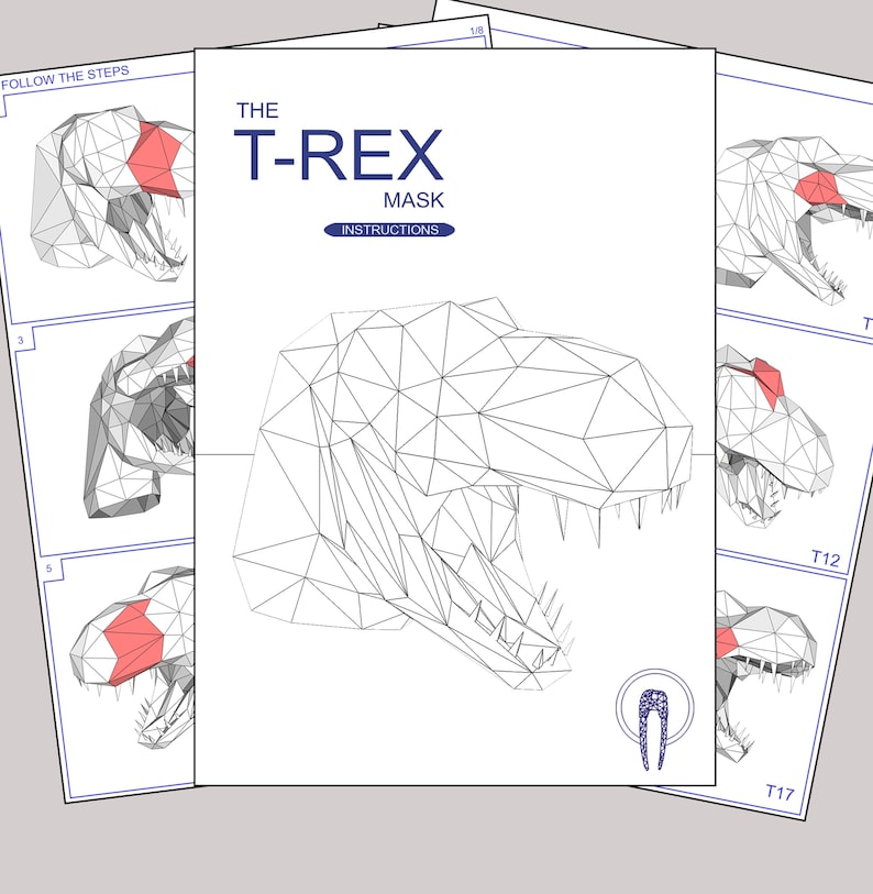 K&ouml;nnte beinhalten: Anleitung zum Basteln einer T-Rex-Maske. Die Anleitung enth&auml;lt ein Diagramm der Maske und nummerierte Schritte, die zu befolgen sind. Die Maske besteht aus Papier und ist zum Falten und Zusammenbauen gedacht.