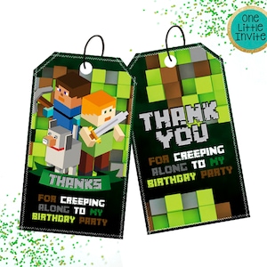 Mine Theme Thank You Cards, birthday bag toppers, pixel party tags
