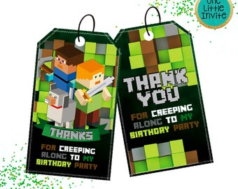 Mine Theme Thank You Cards, birthday bag toppers, pixel party tags