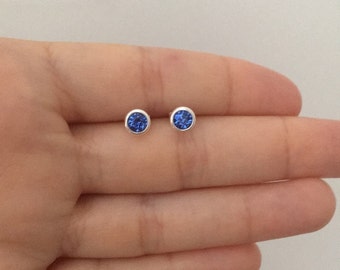 September Birthstone Earrings, Sterling Silver Sapphire Blue Studs, 4mm Crystal (Birthday Gift)