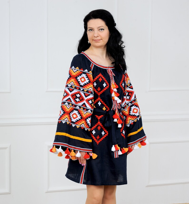 Vyshyvanka dark blue Linen Embroidered Dress Tunic Ukrainian Etsy