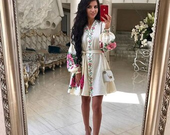 New! Lux Linen Embroidered Dress "Rosemary flowers" Ukrainian Vyshyvanka Dress Mexican Dress Kaftan Abaya, Caftan  Boho style