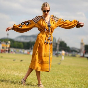 New! Linen Embroidered Dress "Geometry" Ukrainian Vyshyvanka Dress Mexican Dress Kaftan Abaya, Caftan Boho midi dress - Ukrainian embroidery image 3