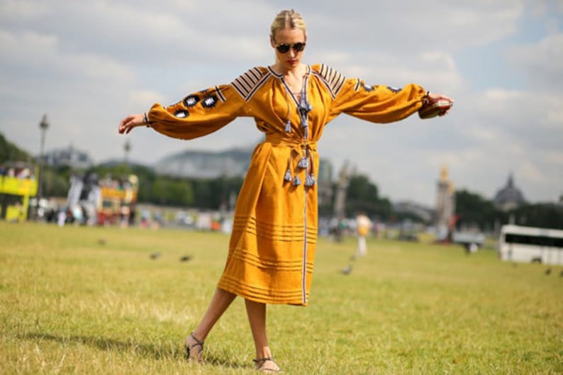 New! Linen Embroidered Dress "Geometry" Ukrainian Vyshyvanka Dress Mexican Dress Kaftan Abaya, Caftan Boho midi dress - Ukrainian embroidery image 3