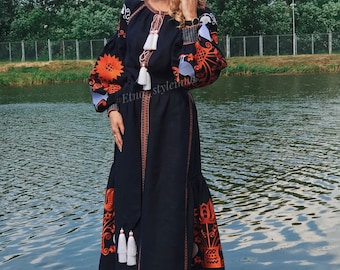 Sukienka Vyshyvanka / Granatowa z pomarańczowymi ptakami, długa, lniana sukienka z haftem / Długa sukienka w stylu etnicznym, meksykańska sukienka typu kaftan / Darmowa wysyłka