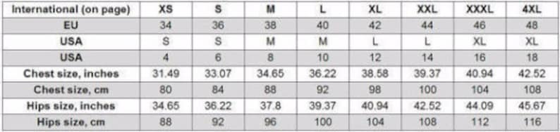 May include: Size chart for clothing with measurements in inches and centimeters. The chart includes international sizes, EU sizes, US sizes, chest size, and hip size.