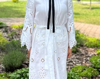 New! White Lux Maxi Linen Embroidered Dress "Rishelie" Ukrainian Vyshyvanka Dress Mexican Dress Kaftan Abaya Caftan  Boho style Ethnic dress