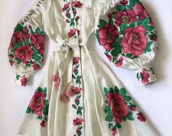 Free shipping! Ivory Linen Embroidered Dress "Rosemary" Ukrainian Vyshyvanka Dress Mexican Dress Kaftan Abaya, Caftan  Boho style