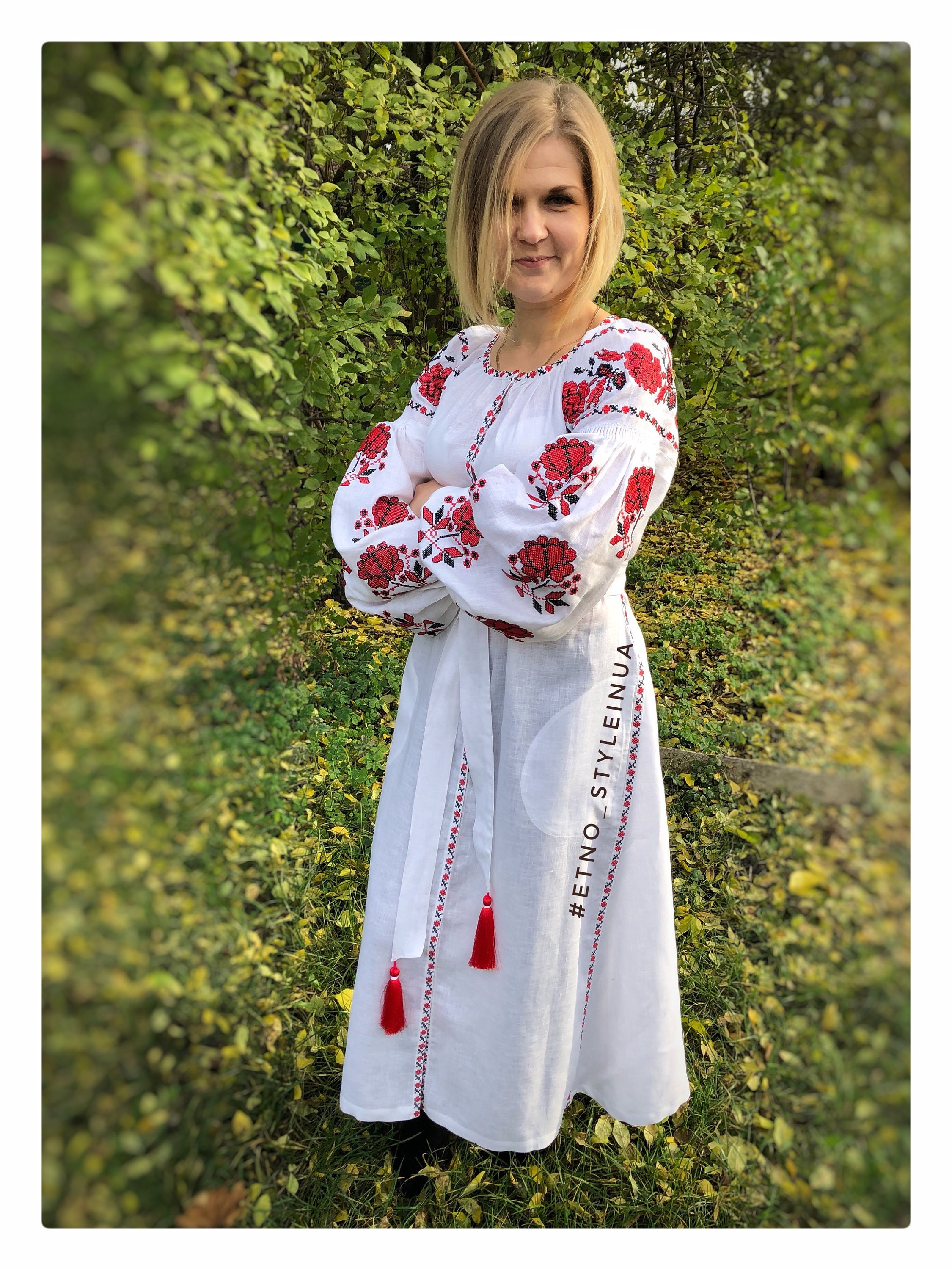 🌿 Ukrainian Embroidered Dress | White Vyshyvanka Dress with Red & Green Ornament | Traditional Linen Dress main image 0