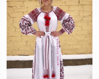 Neu! Leinen besticktes Kleid mit Stickerei Ukrainische Vyshyvanka Kleid Mexikanische Kleid Kaftan Abaya, Kaftan Versandkostenfrei Boho Stil