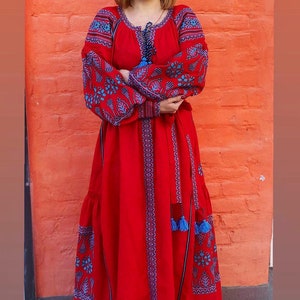 Red Linen Embroidered Dress With Embroidery Ukrainian