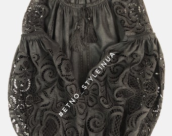 New! Black Linen Embroidered Blouse"Richelieu" Ukrainian Vyshyvanka Blouse Mexican Blouse Kaftan Abaya, Caftan  Boho style