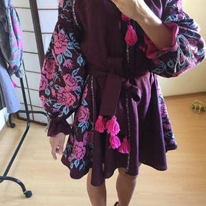 NEW! Purple Ukrainian Embroidered Dress with  embroidered pink flowers Caftan Abaya Chic Nationale Vyshyvanka Custom Clothing Bohemian Style