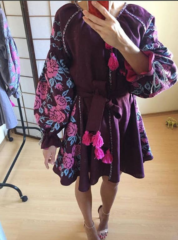 New Purple Ukrainian Embroidered Dress With Embroidered Pink Flowers Caftan Abaya Chic Nationale Vyshyvanka Custom Clothing Bohemian Style