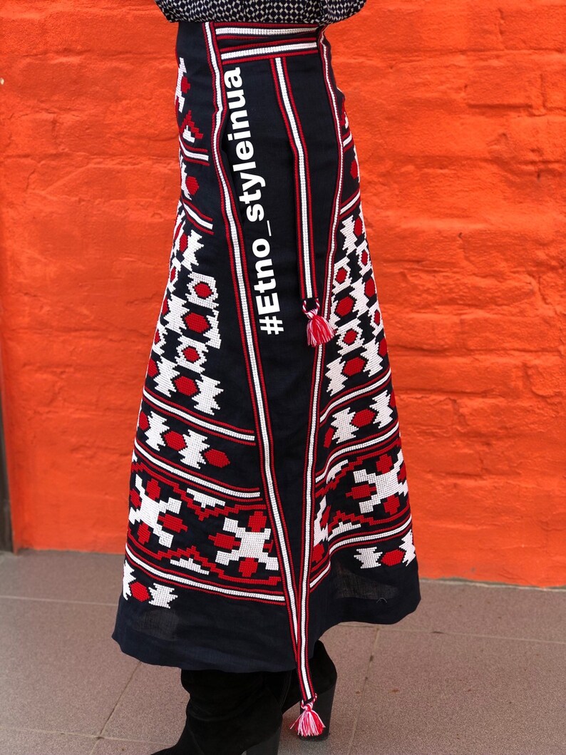Vyshyvanka Boho skir Vyshyvanka Ukrainian skirt Mexican style Free ship!Midi Linen bohemian embroidered skirt with gometric pattern