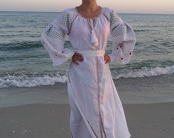 HOT!  Ukrainian embroidered long dress - with geometry embroidery- boho chic ethnic bohemian style / Embroidery/Folk/Sarafan/ mexican dress