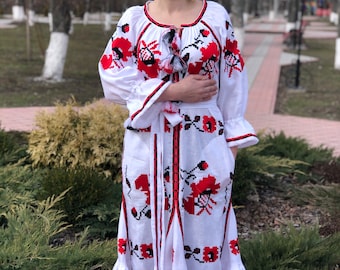 White Linen Embroidered Dress "Poppy" SIZE S-M! Ukrainian Vyshyvanka Dress Mexican Dress Kaftan Abaya Caftan Boho dress Ukrainian embroidery