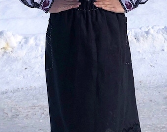 Midi Linen bohemian embroidered skirt with risheliue - Vyshyvanka Ukrainian skirt Mexican style - Vyshyvanka Boho skirt