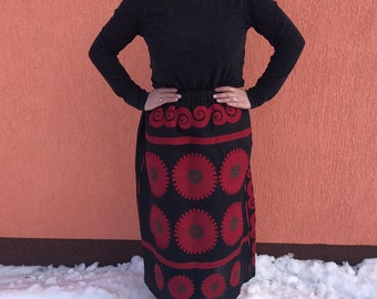 Black Midi Linen bohemian embroidered skirt with applique- Vyshyvanka Ukrainian skirt Mexican style - Vyshyvanka Boho skirt