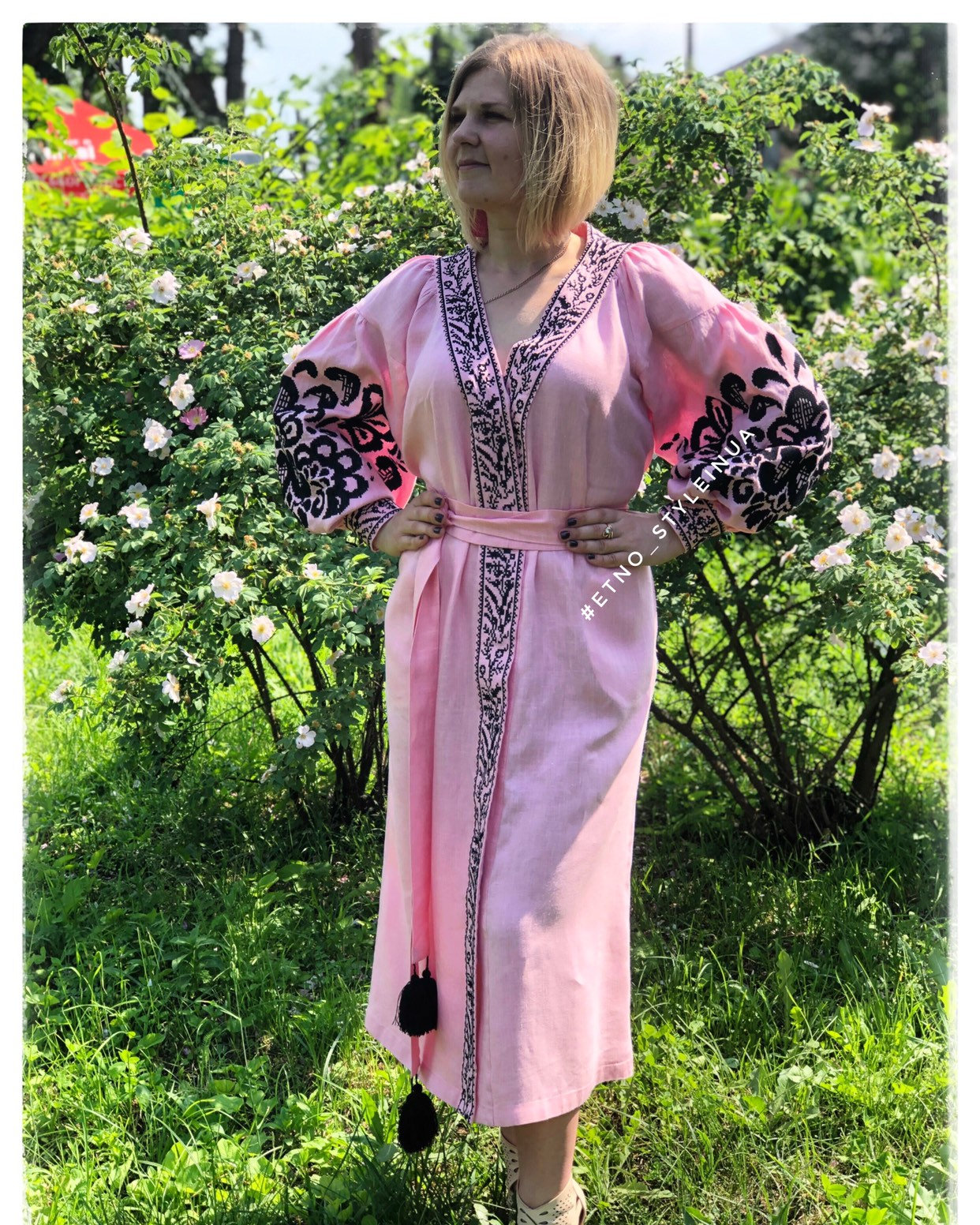 Wow Long Ukrainian Pink Linen Vyshyvanka Dress With Beautiful Embroidery - Ethnic Boho Tunic Ethnic Folkloric Mexican