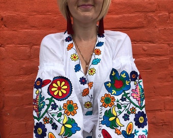 FREE SHIP! White Linen Caftan Embroidered Dress- Mexican Dress Ukrainian Embroidery Vyshyvanka Custom Boho Dresses Bohemian Style Loose Boho