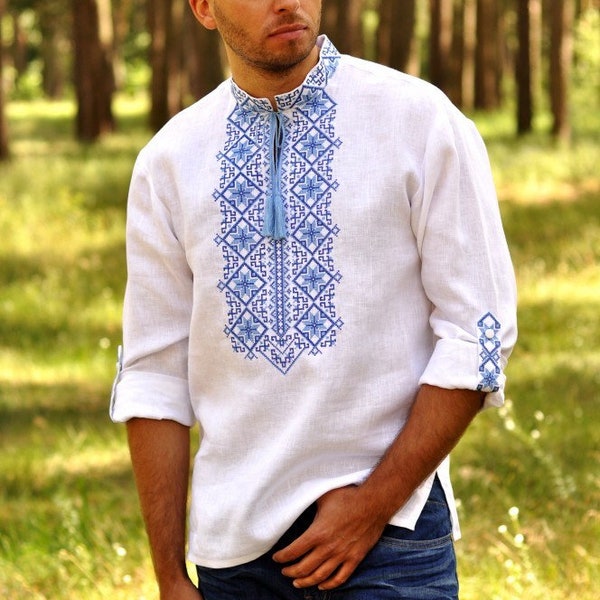 White Linen shirt vyshyvanka for men embroidered with geometric blue embroidery Traditional Etnic embroidery men's shirt men's vyshyvanka