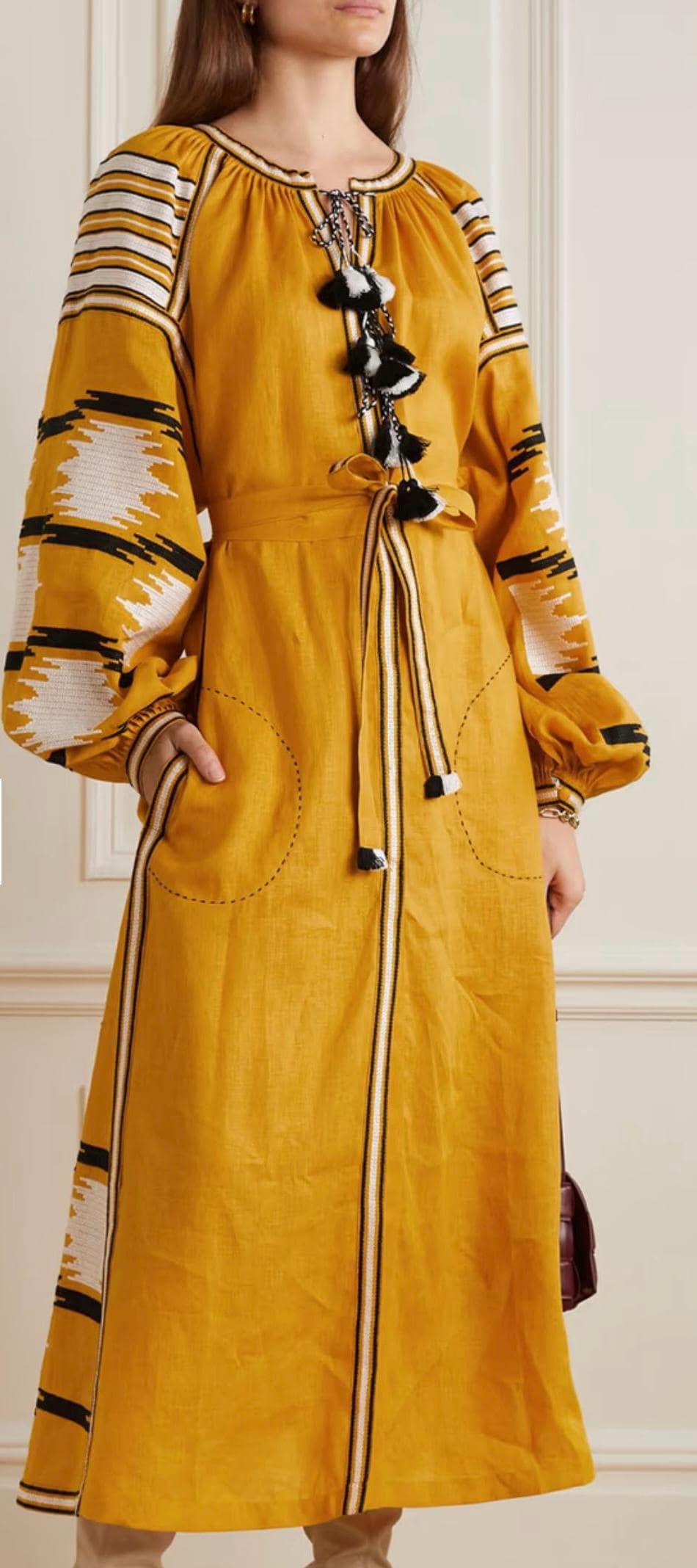 Mustard Vyshyvanka Ukrainian Linen Dress With Geometric Patterns - Boho Chic Modern Folk Style/ Mexican Abaya