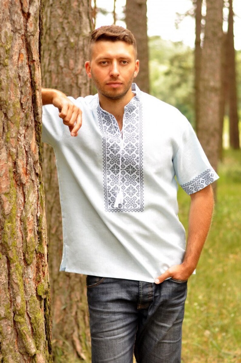 Light Blue Shirt Vyshyvanka for Men Embroidered With Geometric - Etsy