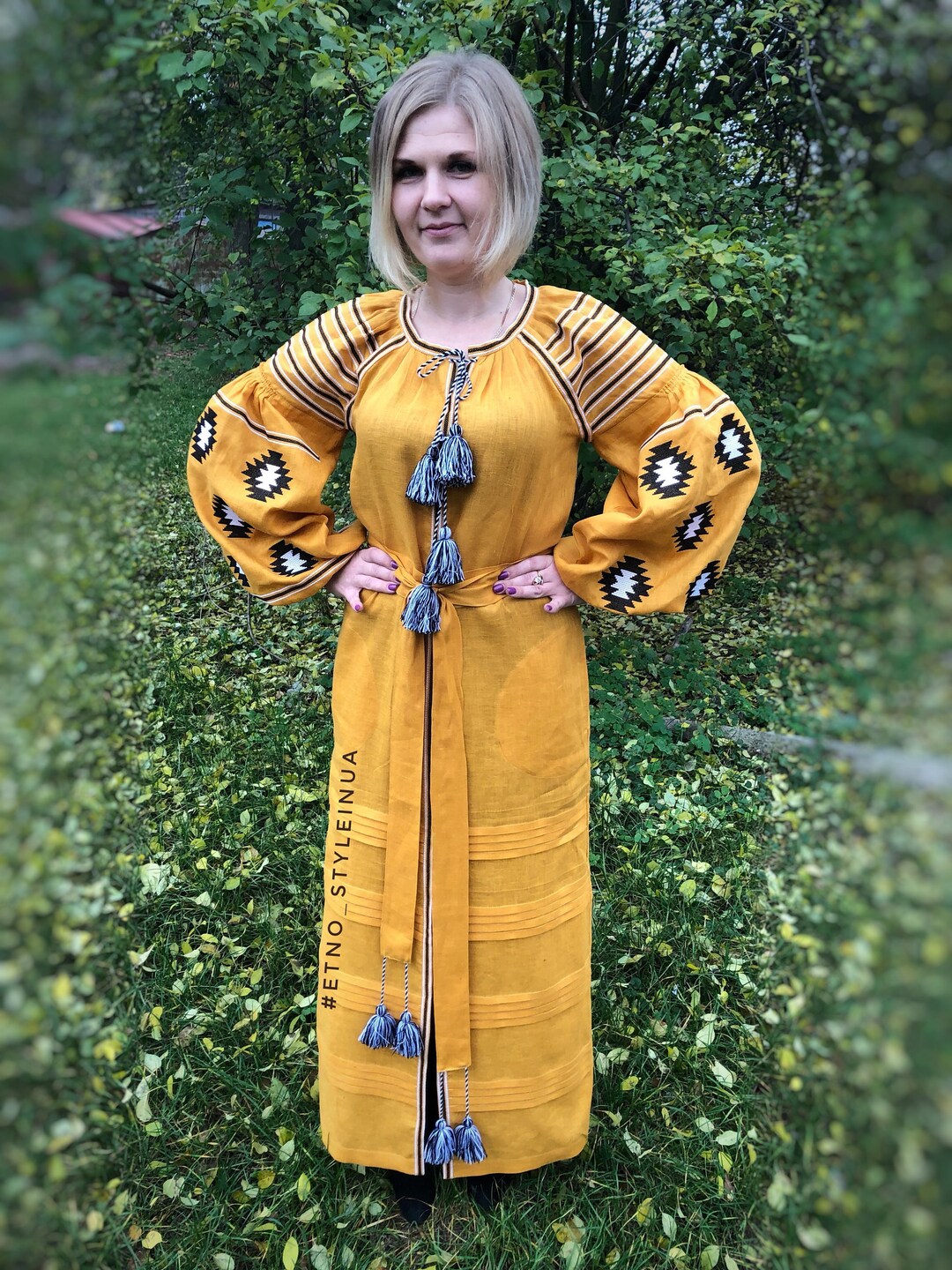 Orange Linen Embroidered Ukrainian Vyshyvanka Caftan Dress - Boho Style main image 0