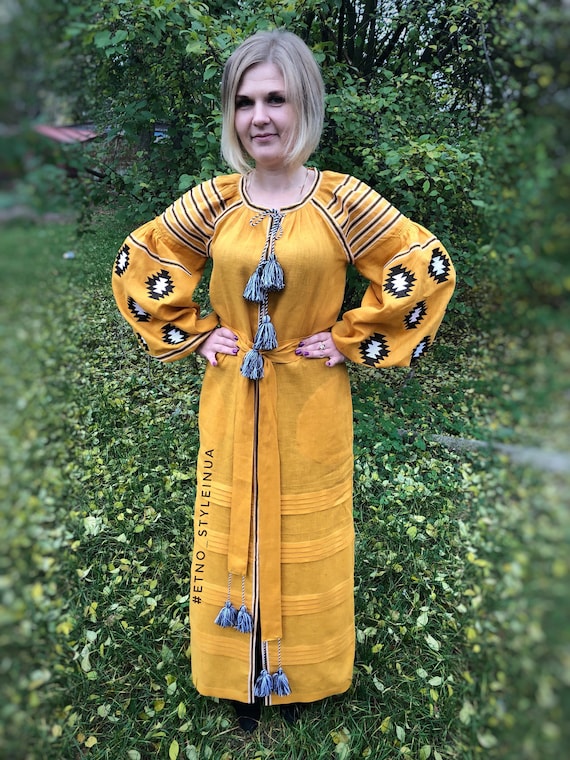 Mustard Linen Embroidered Dress "geometry" Ukrainian Vyshyvanka Dress  Kaftan Abaya, Caftan Boho Midi Dress - Ukrainian Embroidery - Etsy