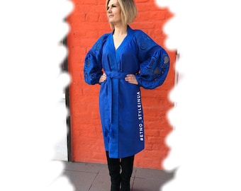 Embroidered fashion boho linen dress with floral Ukrainian embroidery Vyshyvanka Custom bohemian clothing Kaftan abaya with richelieu