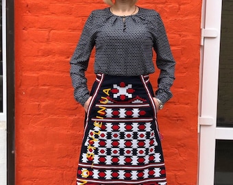 Free ship!Midi Linen bohemian embroidered skirt with gometric pattern - Vyshyvanka Ukrainian skirt Mexican style - Vyshyvanka Boho skir