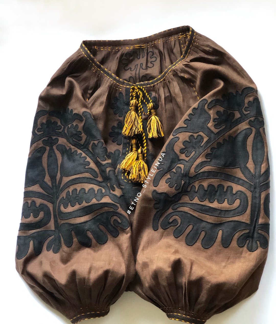 Ukrainian Embroidered Brown Blouse With Black Applique Plus - Etsy