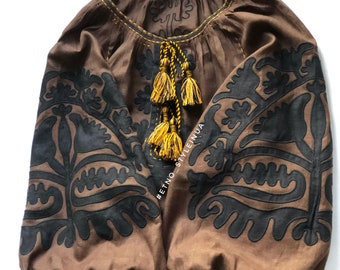 Ukrainian embroidered brown blouse with black applique, Plus size boho wedding kaftan Vyshyvanka Ukrainian embroidery Fashion bohemian
