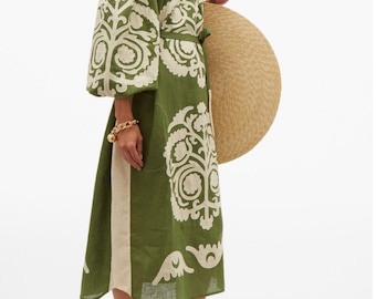 Oliwkowa ukraińska haftowana sukienka z aplikacją Kaftan ślubny w stylu boho plus size Wyszywanka Haft ukraiński Modna boho, sukienka etniczna