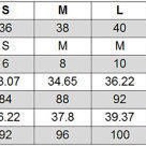 May include: Size chart for clothing with measurements in inches and centimeters. The chart includes international sizes, EU sizes, and US sizes. The chart also includes chest and hip measurements.