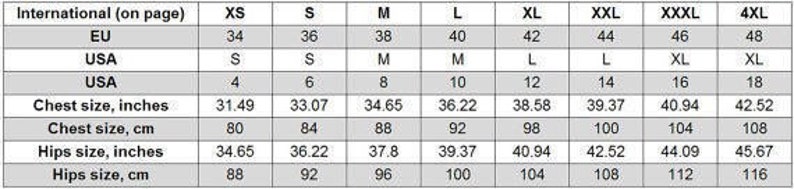 May include: Size chart for clothing with measurements in inches and centimeters. The chart includes international sizes, EU sizes, and US sizes. The chart also includes chest and hip measurements.