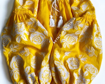 WOW! Ukrainian yellow linen vyshyvanka blouse with beautiful embroidered  white flowers - Ethnic boho dress tunic Modern folk bohemian style