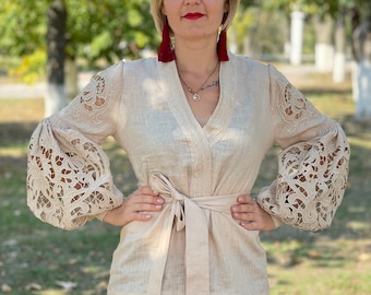 New! Linen Embroidered Blouse"Richelieu" Ukrainian Vyshyvanka Blouse Mexican Blouse Kaftan Abaya, Caftan  Boho style