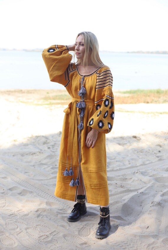 Mustard embroidered dress hotsell