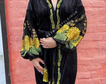 New! Black velvet dress with Ukrainian embroidery “Paradise sunflowers”, ethnic embroidery Ethnic dress, Ukrainian dress Vyshyvanka dress