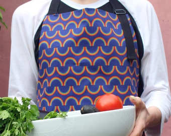 Rainbow Apron, Striped Organic Cotton Apron, adult and child sizes, pocket and adjustable buckled strap