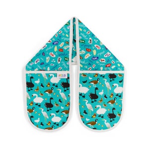 Duck Oven Gloves, duckpond design double oven mitts for baking in organic cotton, bright colourful kitchen