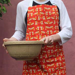 Fox Apron, adult and child sizes, pocket and adjustable buckled strap, luxury 100% Organic Cotton Apron, Designed and handmade in the UK
