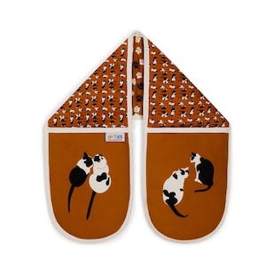 Cat Oven Gloves, orange organic cotton double oven mitts, pot holders