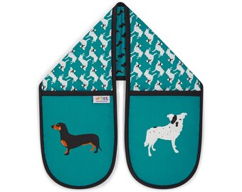 Dogtooth Dogs Oven Gloves, dogs blue organic cotton double oven mitts, pot holders featuring Dachshund, Scottish Terrier & rescue dog