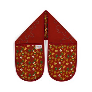 Gingerbread Oven Gloves, organic cotton double oven mitts, red pot holders