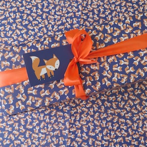 Fox Wrapping Paper & Gift Tags, illustrated purple fox design gift wrap with coordinating tags, biodegradable recycled paper