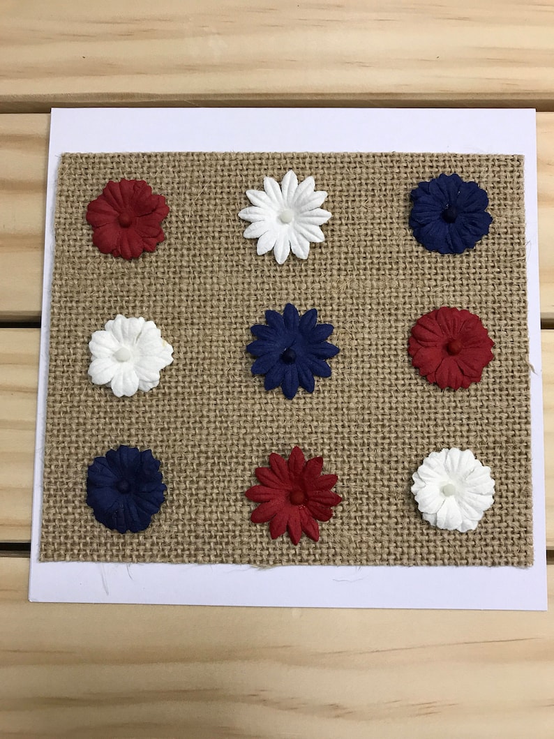 USA Patriotic CardRedWhiteBlue Dimensional Flowers on Burlap Paper